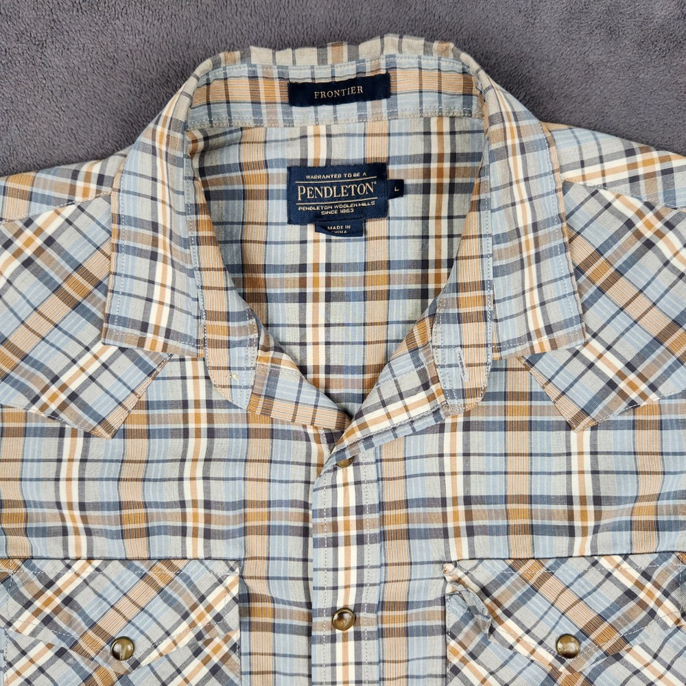 Pendleton Frontier Shirt Mens Large Blue‎ Tan Plaid Short Sleeve Western Snap